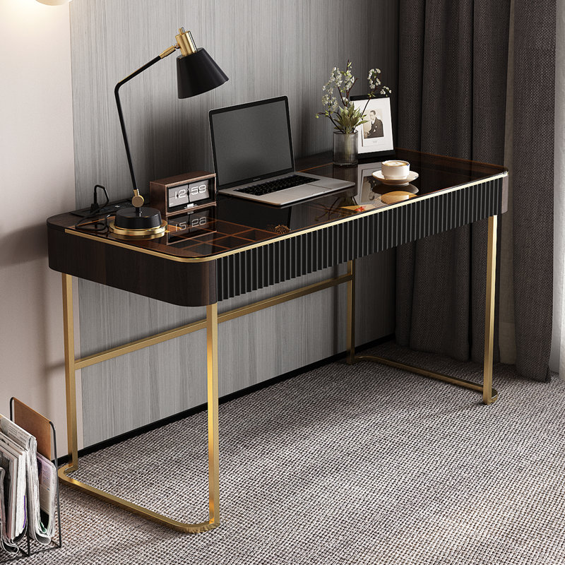 Rectangle Office Desk, Black/Brown/Gold, 29.50“ H x 50” W x 23" D