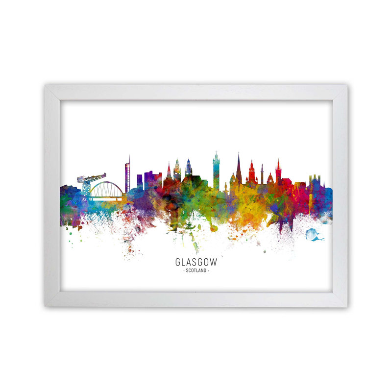 Glasgow Scotland Skyline by Michael Tompsett - Print, 25cm H x 34cm W x 3cm D, White Framed