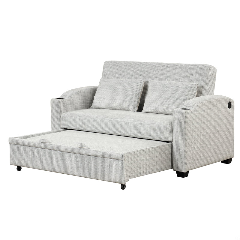 Canapé-lit convertible en chenille 61,6 po avec dossier ajustable, 2 coussins, porte-gobelets, ports USB, Gris clair