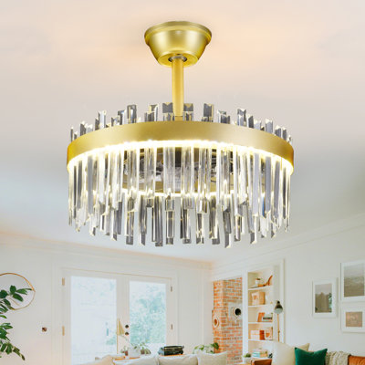 Luxury Crystal Ceiling Fan Chandelier, 20" Gold Fandelier with Two-Layer Clear Crystal Sticks, Remote Control Invisible Blades Fan Light for Modern Home Decor