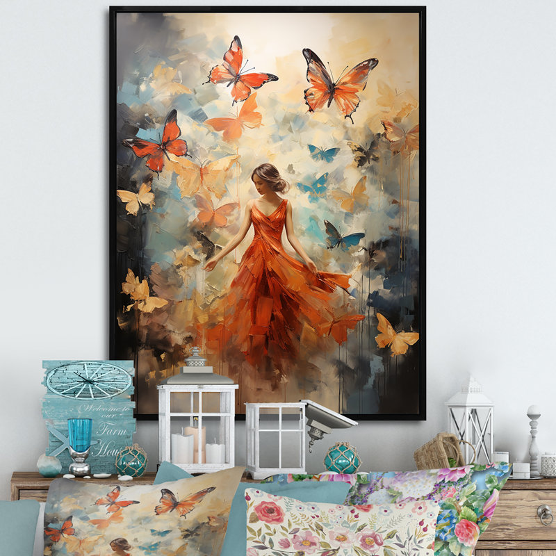 «Butterfly and Woman Dance» - Art mural sur toile, H 32 po x l 24 po x P 1 po, Cadre flottant noir