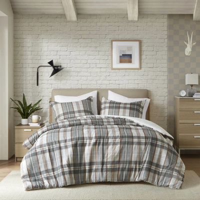 Housse de couette en microfibre pour lit double / grand 3 pièces avec motif écossais - sécuritaire sur la peau, lavable à la machine avec attaches intérieures