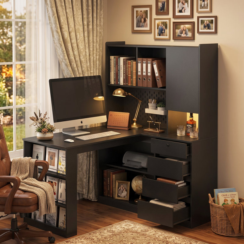 Bureau en coin en L 51,56 po avec tablettes de rangement et station de charge, noir, Retour à gauche, Noir