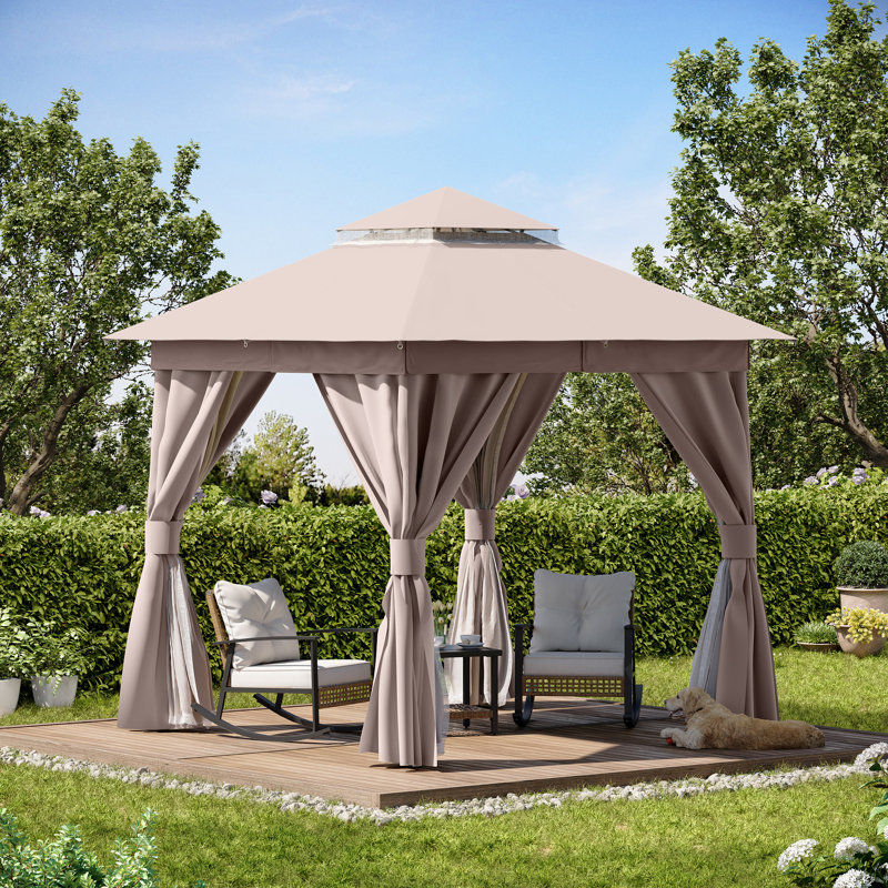 Pavillon de jardin extérieur Decksplore avec double toit, moustiquaire, rideaux d'intimité et structure en métal robuste