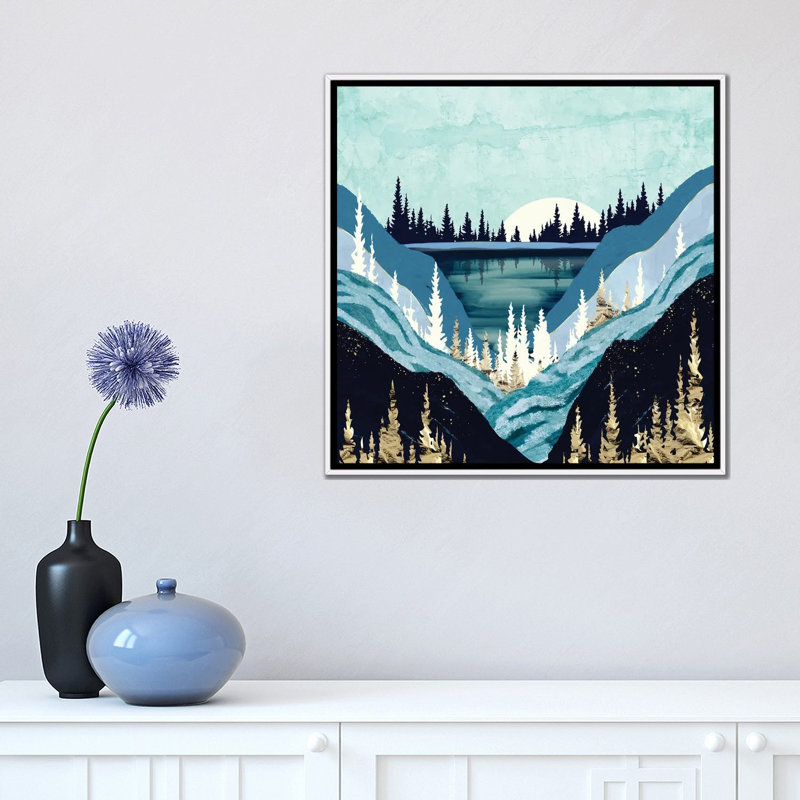 Blue Forest Lake - impression d'art graphique, Aucun mat, Toile blanche encadrée, H 18 po x l 18 po x 1,5 po