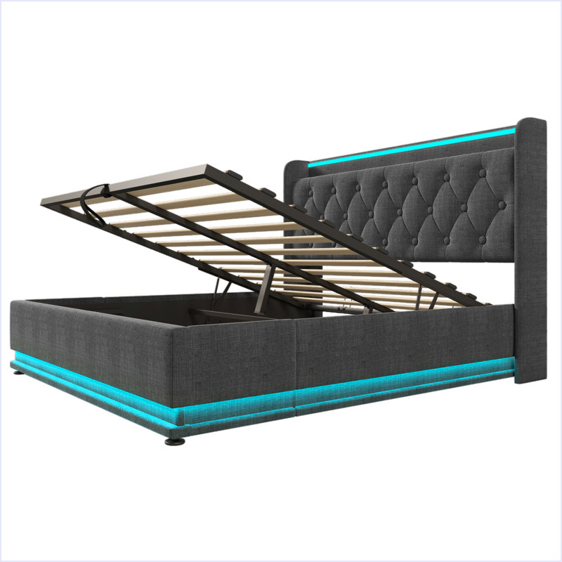 Upholstered Bed, 360 Surround LED Function, Buttons/Apps/Remote Control, Hydraulic Storage Bed With USB Type-C Charging, Grey