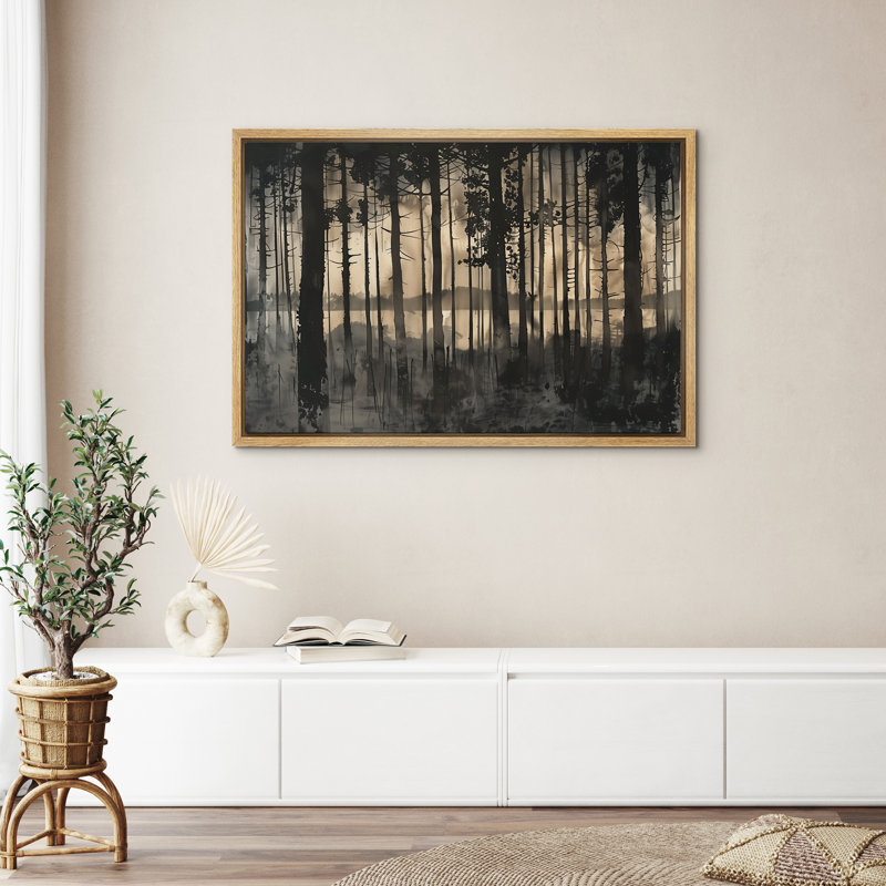 «Moody Black Forest Silhouette Lake View Wall Decor», reproduction d'art sur toile encadrée dans la chambre principale