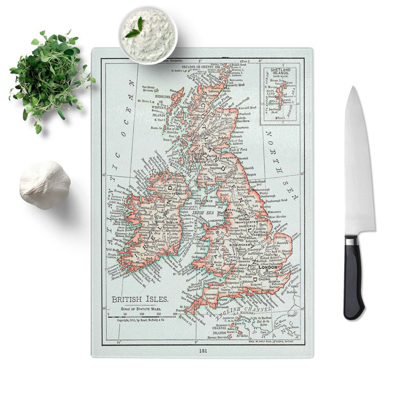 Tempered Glass Vintage Map of the British Isles Chopping Board, 28.5 cm W x 39 cm L