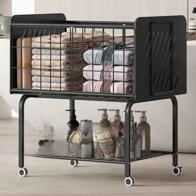 Wire Laundry Basket 2-Tier 76 L with Wheels, Black Large Capacity Laundry Cart for Laundry Room