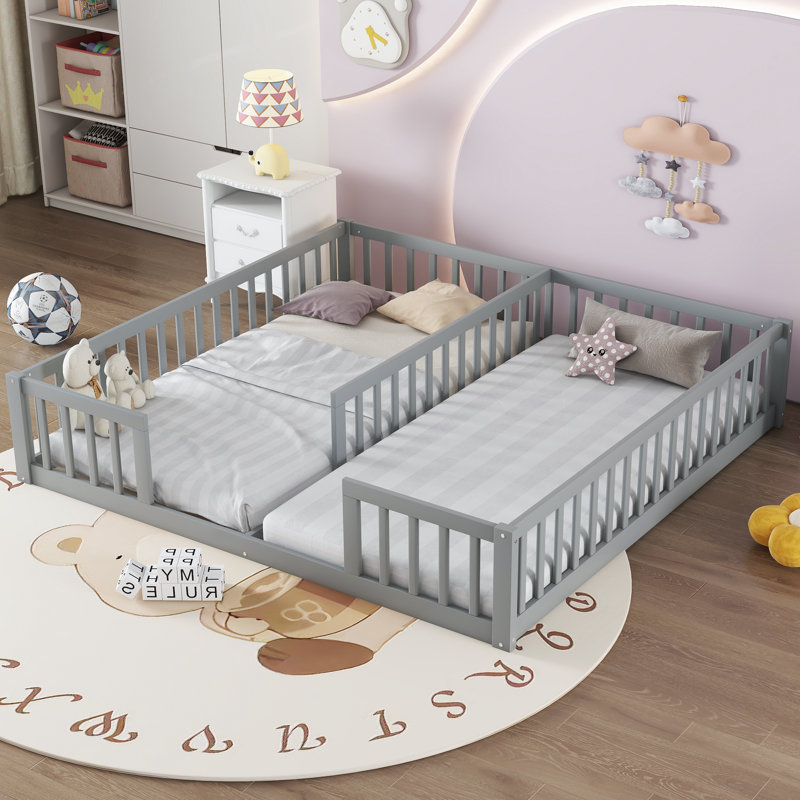 Lit double double avec clôture, garde-corps, lit Montessori sans porte pour filles, aucun sommier, Gris