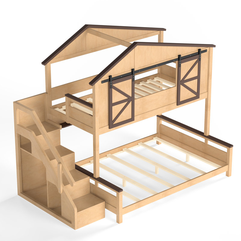 Lit superposé (un lit simple en haut, un lit double en bas) avec étagères, rangement, escalier et sommier à lattes