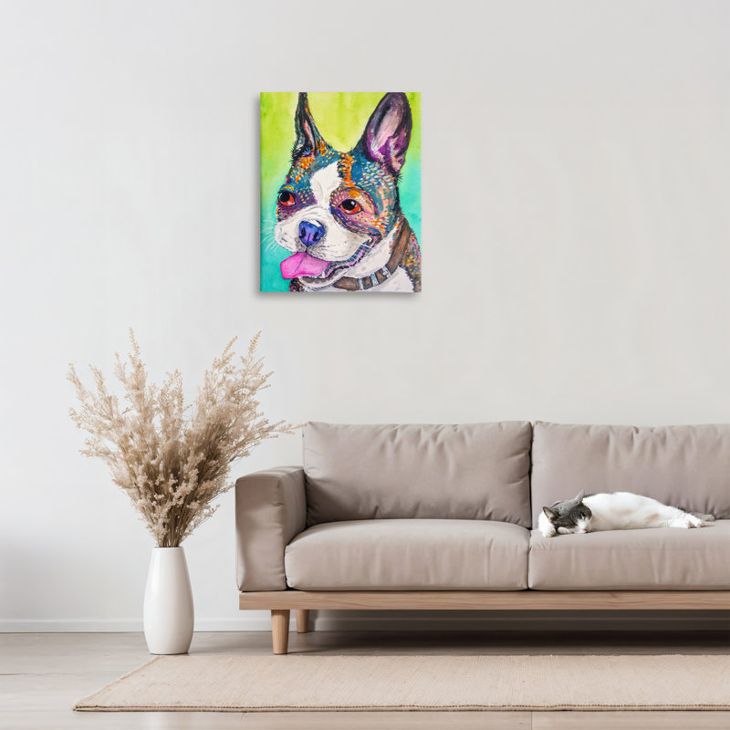 Toile de bouledogue français lumineuse et vibrante, design par Tatiana Roberts, H 20 po x l 16 po