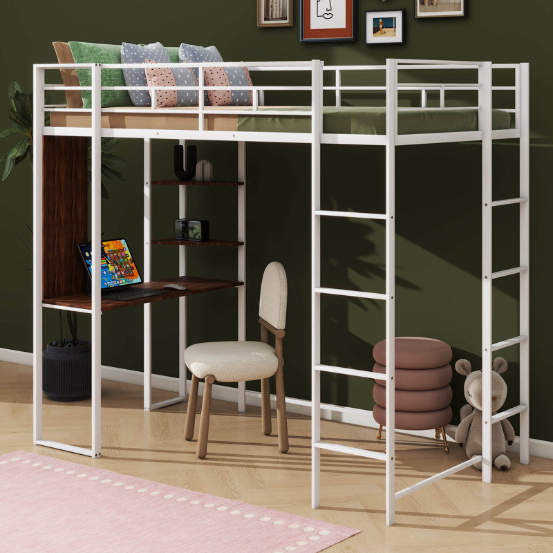 Lit mezzanine simple en métal avec 2 tablettes et un bureau, Blanc