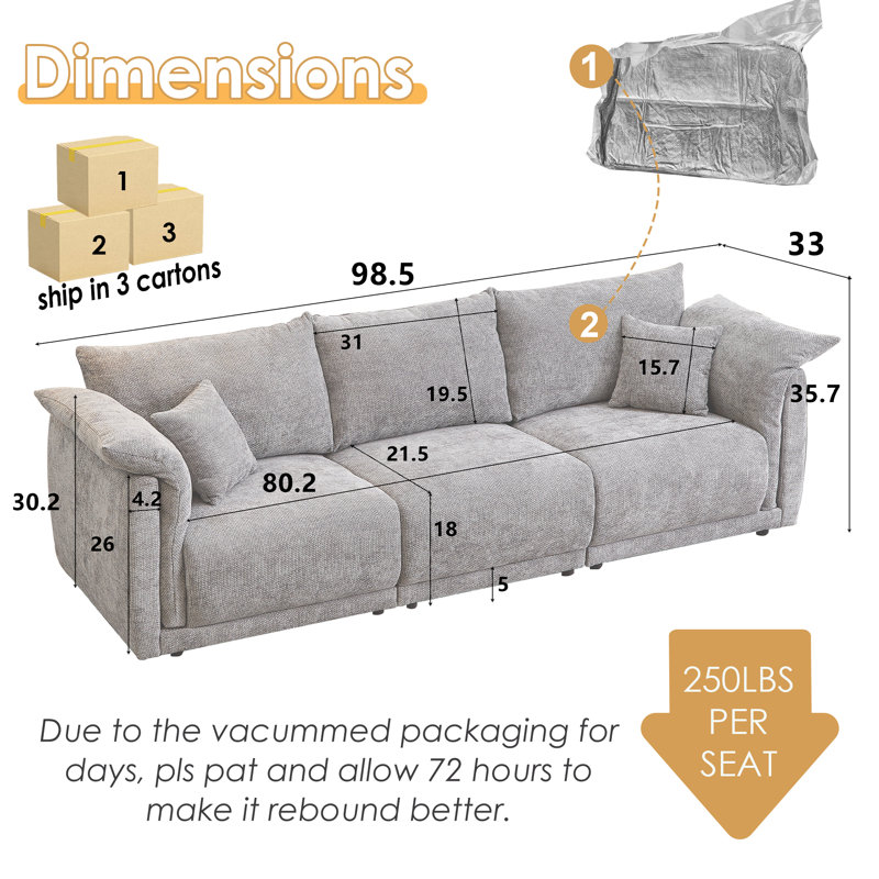 Nyerere 98.5" Upholstered 3 Seater Sofa, Gray