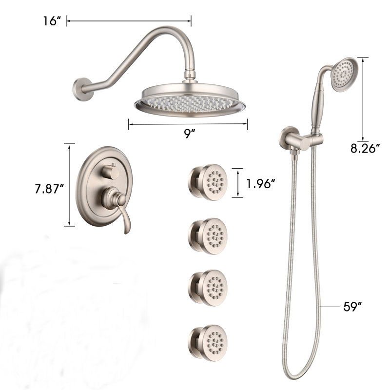 9 Inch Shower System Luxury Rain Shower Faucet Set With 4 Adjustable Body Jets And Handheld Spray, Brushed Nickel