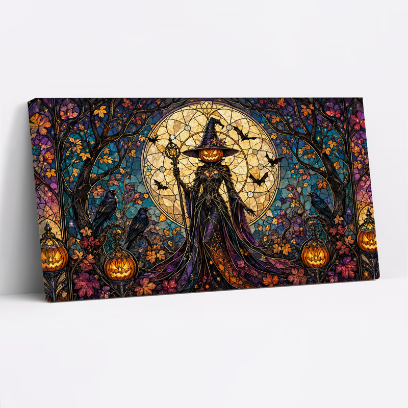 Vitrail Sorcière à tête de citrouille en automne, toile murale d'Halloween, L 40 po x H 20 po
