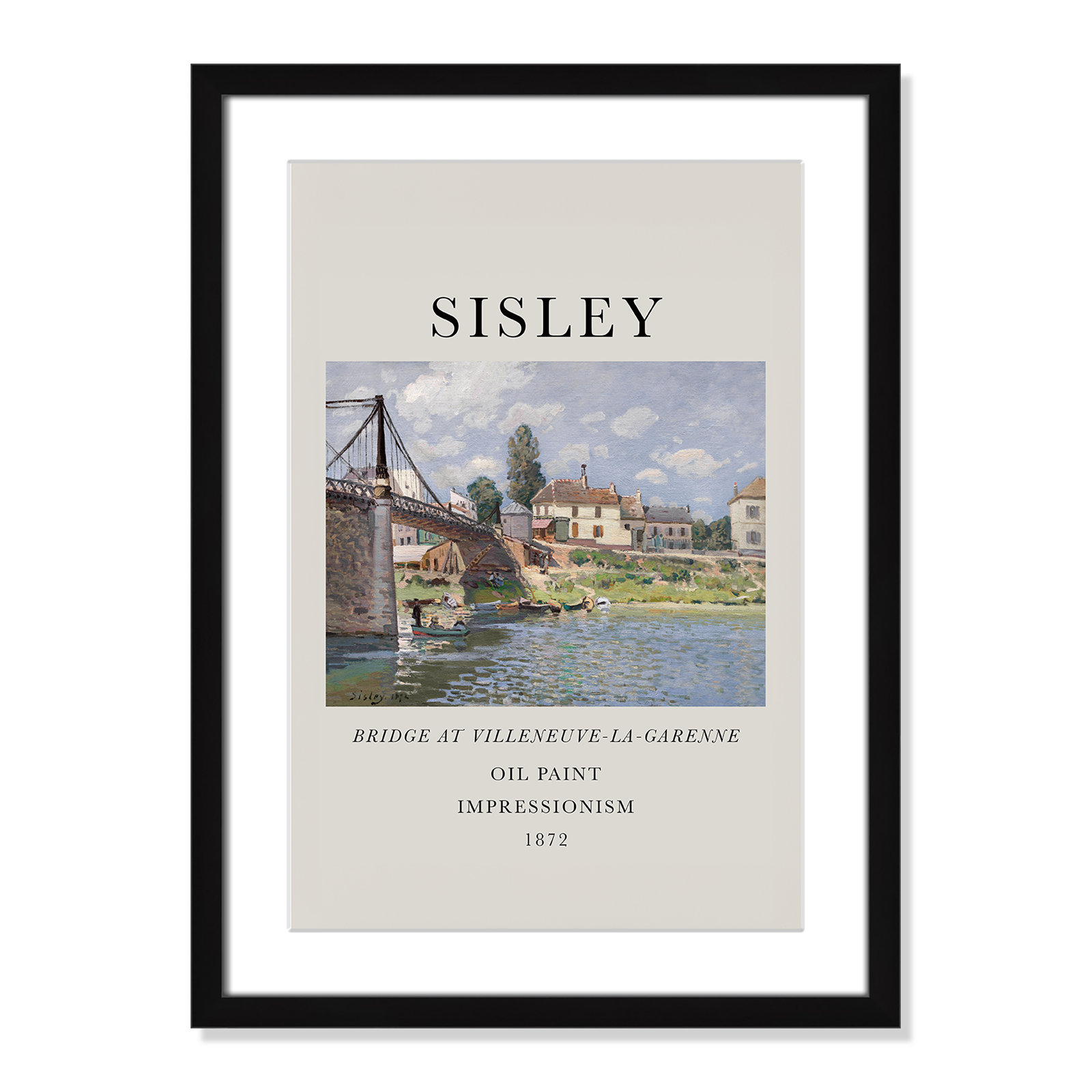 Old Masters Collection " The Bridge At Villeneuve " by Alfred Sisley, Black Single Picture Frame, Yes