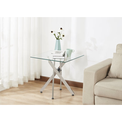 Table de bout en verre moderne avec base en métal chromé, table d'appoint en verre trempé biseauté, table d'appoint contemporaine