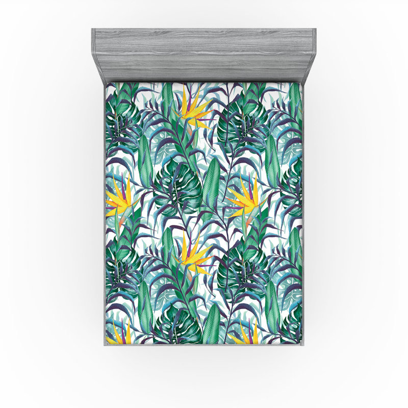 Drap-housse Ambesonne, Drap-housse très grand californien, Moutarde, vert fougère, indigo / floral