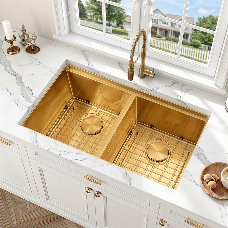 30'' L X 18'' W Double Basin Workstatiom Sink Stainless Stain Undermount Kitchen Sink, Gold