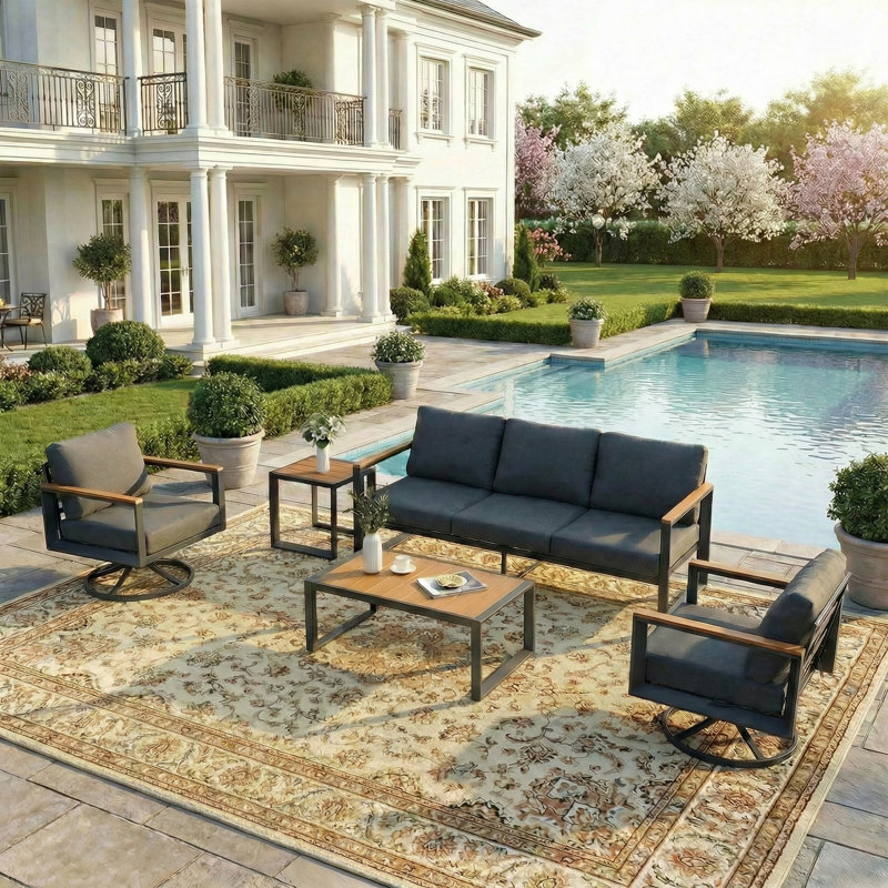 Ensemble de mobilier d'extérieur en aluminium 5 pièces, 2 chaises berçantes pivotantes, banc à 3 places, table basse et table d'appoint, ensemble de conversation modulaire avec coussins épais