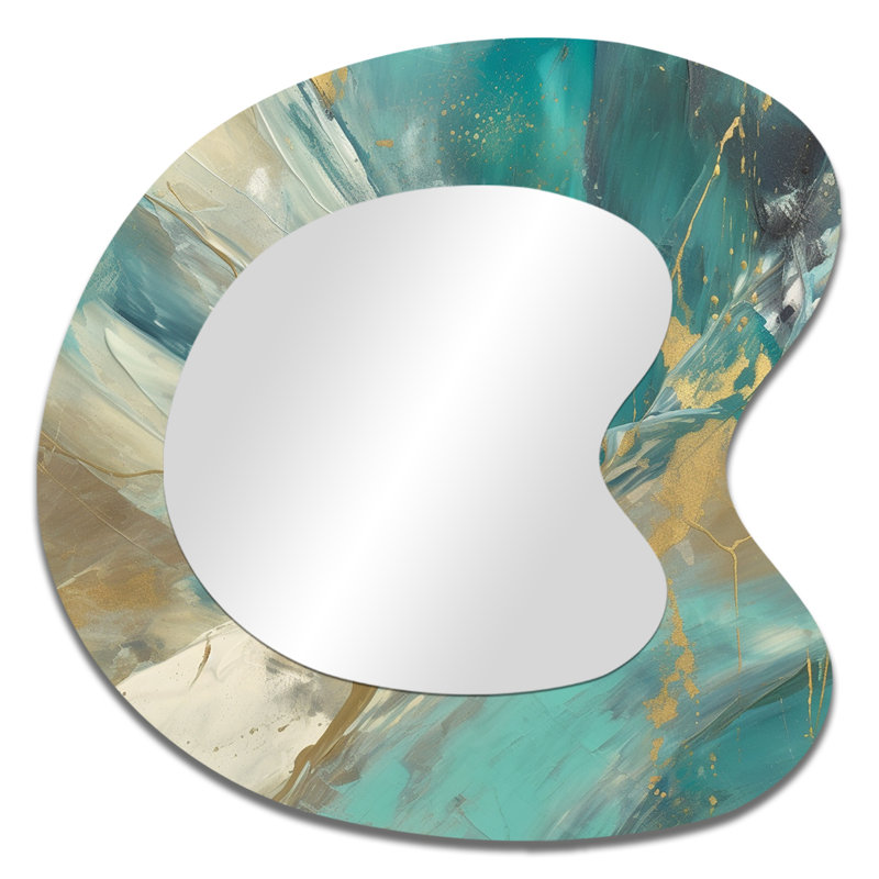 Golden Hour In Turquoise Waves III - Miroir mural moderne abstrait aux formes asymétriques, 33 po x 33 po