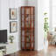 Corner Curio Cabinet with 4 Adjustable Tempered Glass Shelves and Lighting System, Solid Wood Legs, Acrylic Mirrored Back Panel