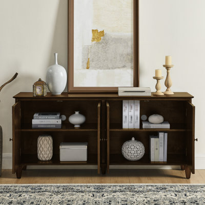Noyer, buffet armoire, vestibule, bois massif, surface lisse, surface lisse, bar à café 65,2 po avec motifs géométriques, finition noyer, pieds