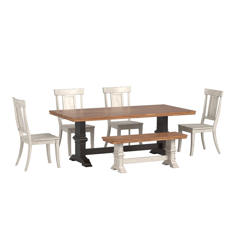 Ensemble de salle à manger Lumley 7 pièces, dessus en chêne massif, chaises à dossier à panneaux, table à piètement noir antique, chaises et banc à piètement blanc antique.