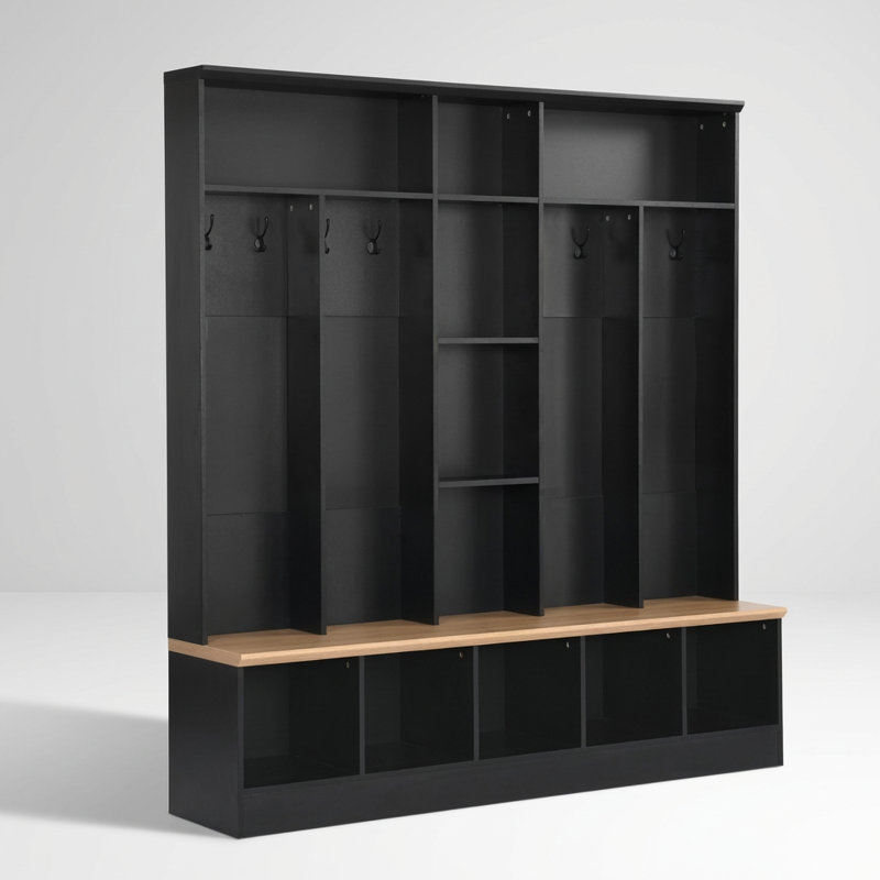 Modern Wide Hall Tree with Storage Bench, Shoe Cabinet, and Coat Rack for Entryways and Mudrooms, Black