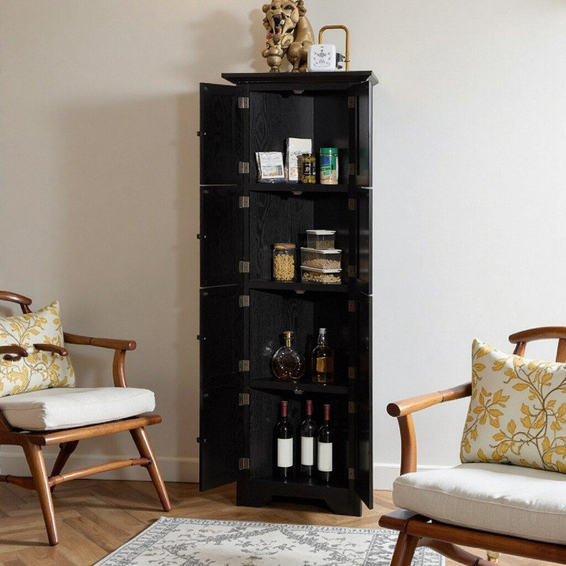 72 Tall Corner Pantry Cabinet With 8 Doors And 4 Tiers Solid Wood Storage Solution, Black