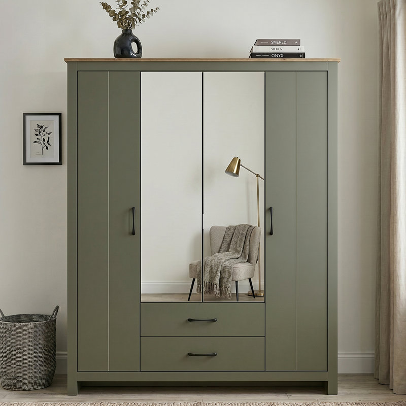 Limestone 4 Door 2 Drawer Wardrobe with Mirror, Kale Green