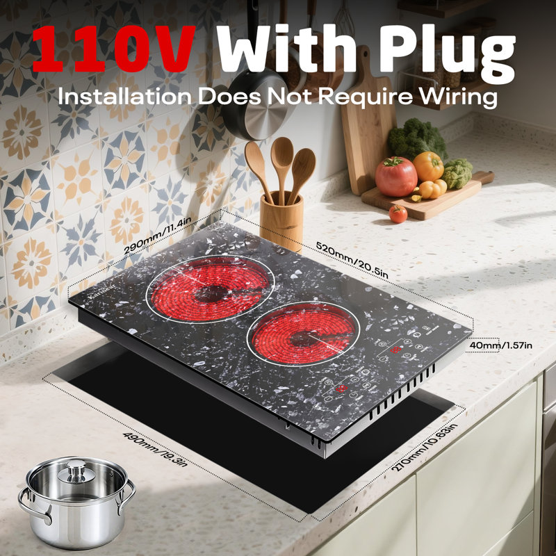 Karinear 2 Burner Electric Cooktop 12 Inch 2000W Unique Patterns With Plug