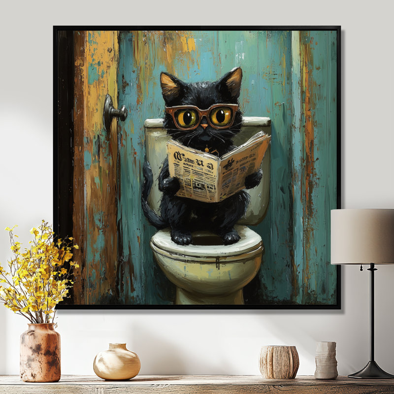 «Cute Cat Ready», journal sur la toilette II - art mural chat, H 16 po x l 16 po, Impression encadrée flottante