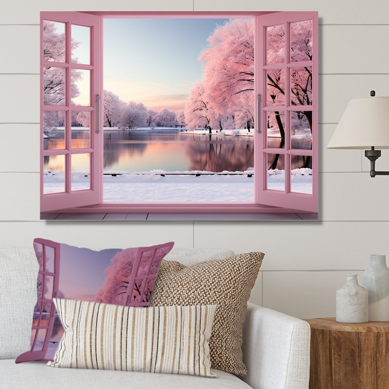 «Pink Winter Window By The Lake», art mural paysage d'hiver, Toile tendue, H 30 po x l 40 po x P 1,5 po