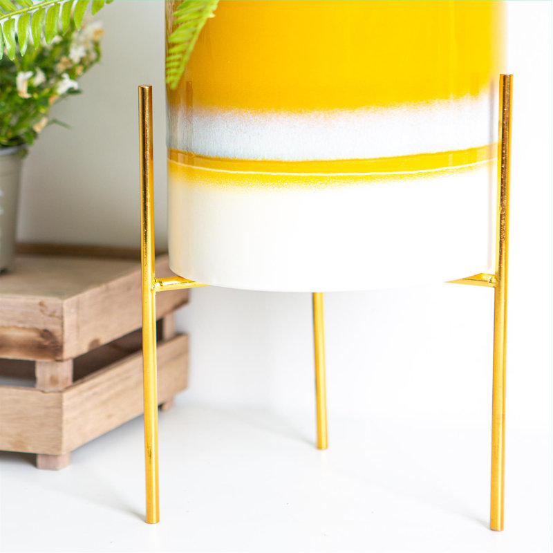 Nicola Spring - Reactive Glaze Plant Pots on Stands - 19cm, Yellow/Gold