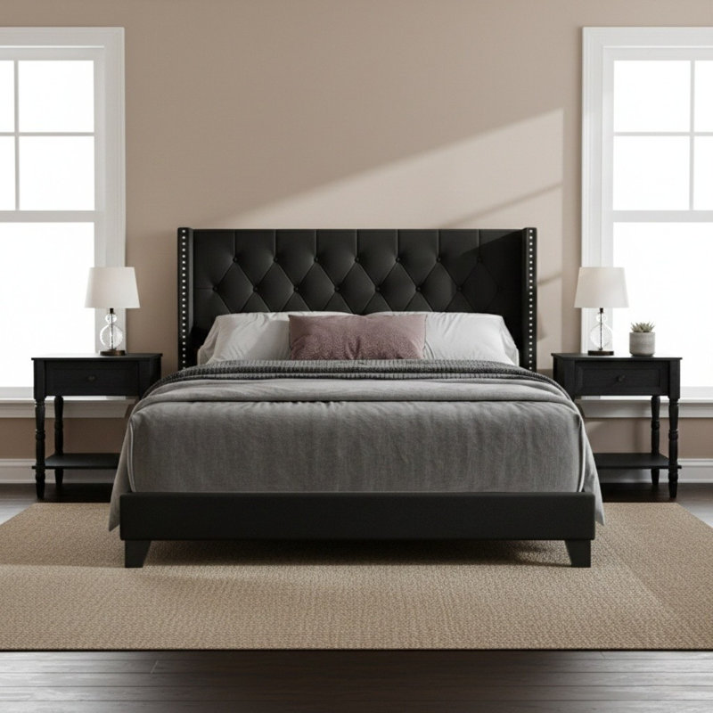 Lit double tapissier Coe avec 2 tables de chevet Coe, Lit double, Brown, Brown