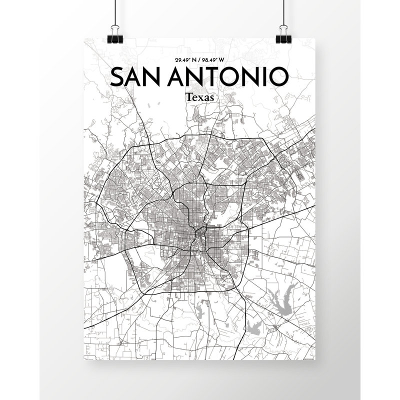 San Antonio City Map - Unframed Graphic Art Print on Paper, 43.2cm H x 27.9cm W x 0.1cm D, Grey/White