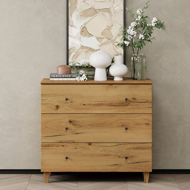 Meuble télé pour téléviseur 32 pouces et plus avec 3 tiroirs pour le salon, la chambre à coucher, Bois de chêne