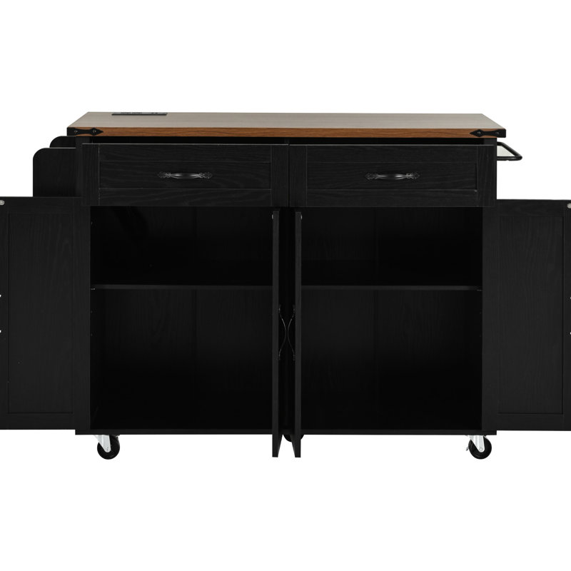 53.5''W X 28.55''D 36.5''H Kitchen Island With Drop Leaf, Power Supply, Drawer, Black For And Dining Room Storage Socket, Rolling Cart, 53.5'' 28.55'' 36.5'',