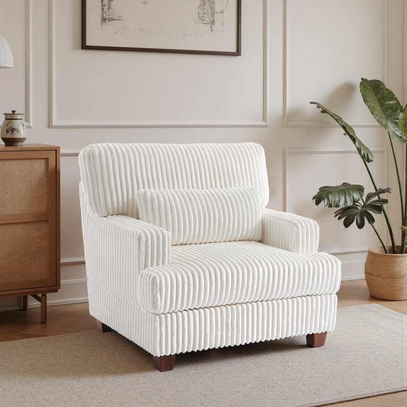 Ermia Modern Upholstered Faux Fur Arm Accent Chair with Pillow, Beige