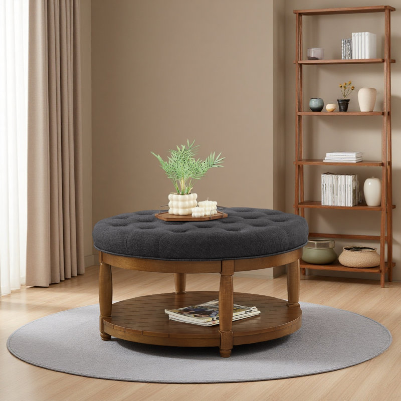 Large Round Upholstered Tufted Linen Ottoman Coffee Table, Large Footrest Ottoman with Solid Wood Shelf-Charcoal, Granite