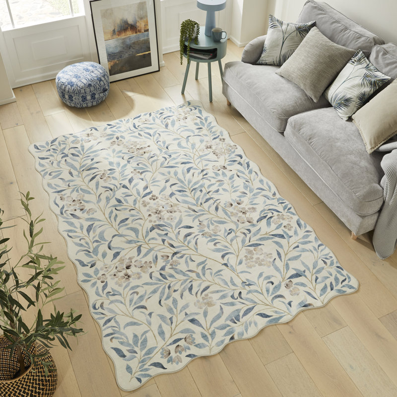 Floral Ivory Blue Washable/Stain Guarded Area Rug , Rectangle 200 x 300 cm