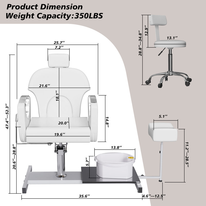 Pedicure Chair With Massage Foot Bath, 360 Degree Swivel Foot Spa Chair, White Leather