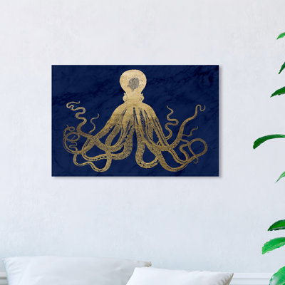 «Nautical and Coastal Octopus Gold and Navy Marble Marine Life», reproduction d'art graphique
