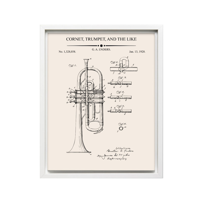 Trompette Blueprint No1, Canvas, 12"H x 16"W, White Framed