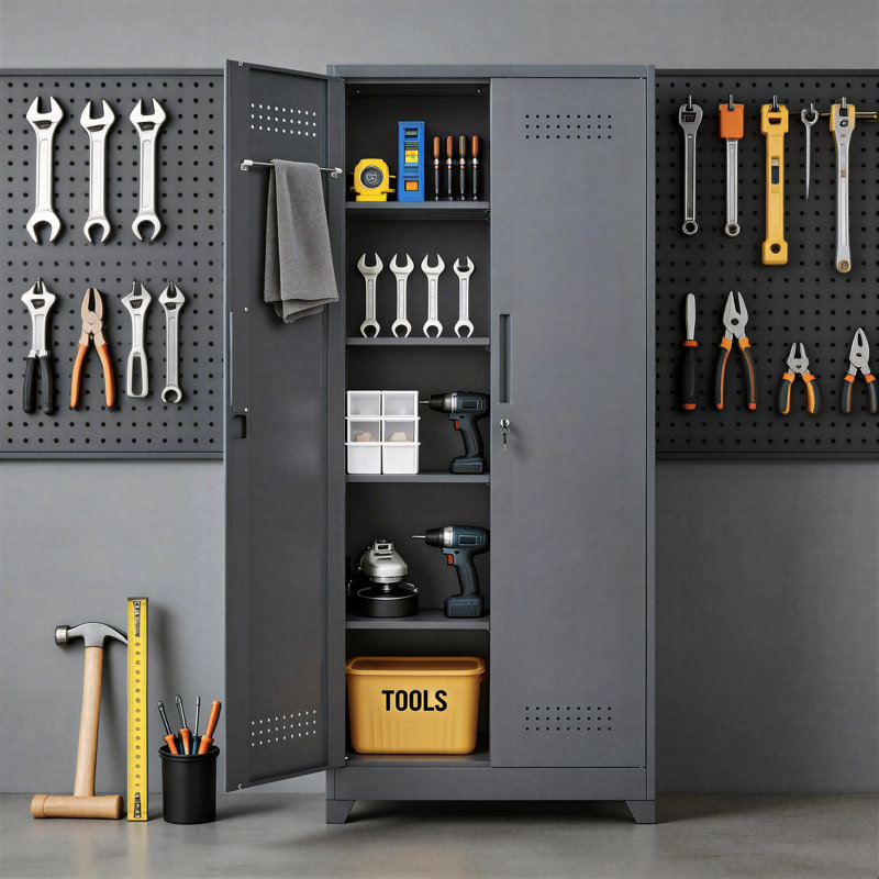 Gray Metal Cleaning Tool Cabinet With Lockable Door And Adjustable Shelves; Tall Enough To Store Brooms And Other Tools; Suitable For Kitchens, Offices, And Shops.