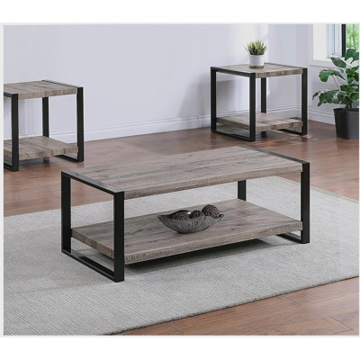 Ensemble 3 pièces de tables de cocktail modernes, 1 table basse rectangulaire et 2 tables d'appoint carrées, mobilier de salon rétro en bois brun lustré