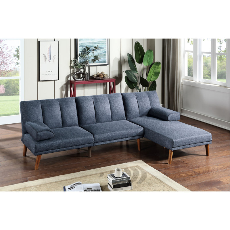Chaise longue de couleur bleu marine, pieds en bois massif, base en contreplaqué et coussins modernes, Tissu marine