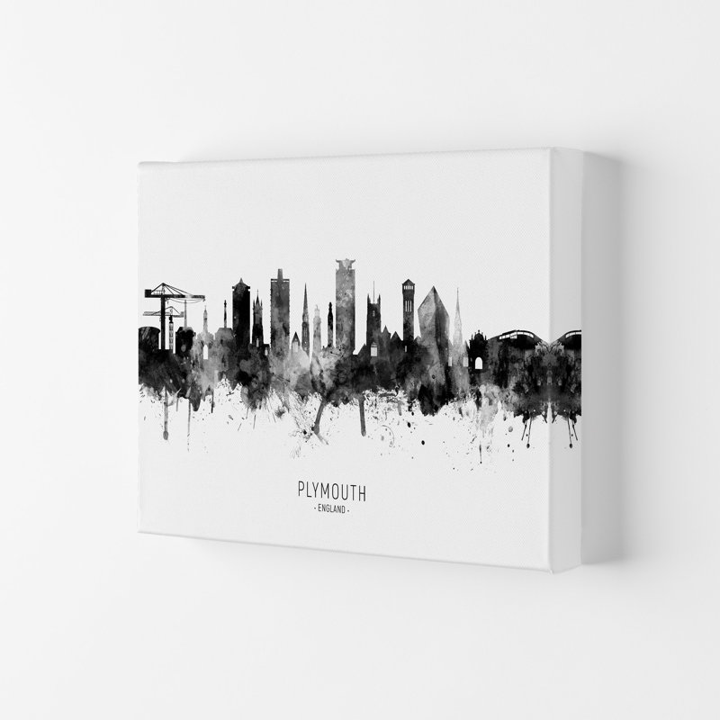 Plymouth England Skyline Black White City Name by Michael Tompsett - Print, 42cm H x 59.4cm W x 4cm D, Wrapped Canvas